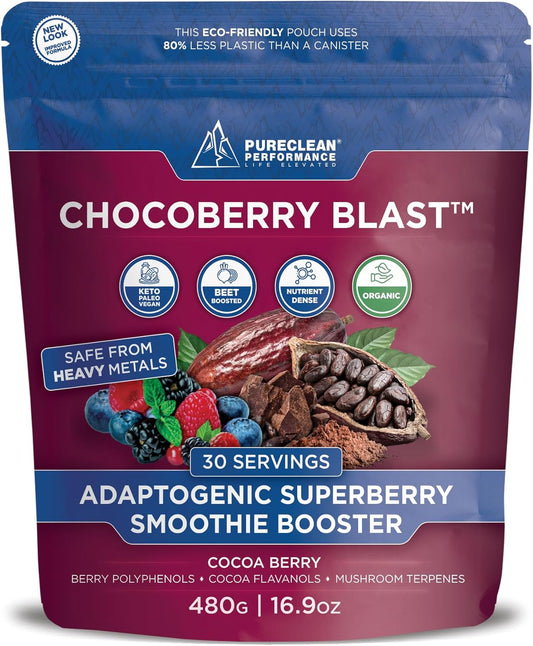 ChocoBerry Blast Superfood Powder - Adaptogenic SuperBerry Smoothie Booster with Beet Juice, Mushrooms, & Polyphenols - Enhances Recovery, Energy, Gut Health, Immunity & Nutrition - Chocolate (480g)