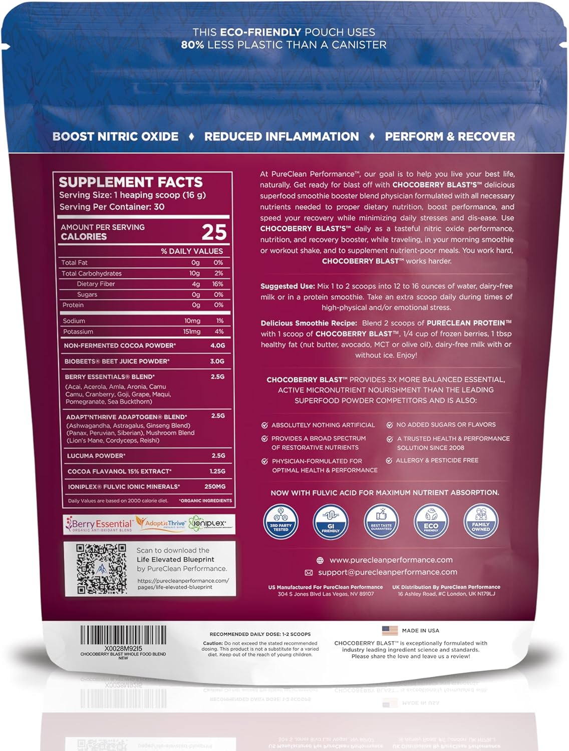 ChocoBerry Blast Superfood Powder - Adaptogenic SuperBerry Smoothie Booster with Beet Juice, Mushrooms, & Polyphenols - Enhances Recovery, Energy, Gut Health, Immunity & Nutrition - Chocolate (480g)