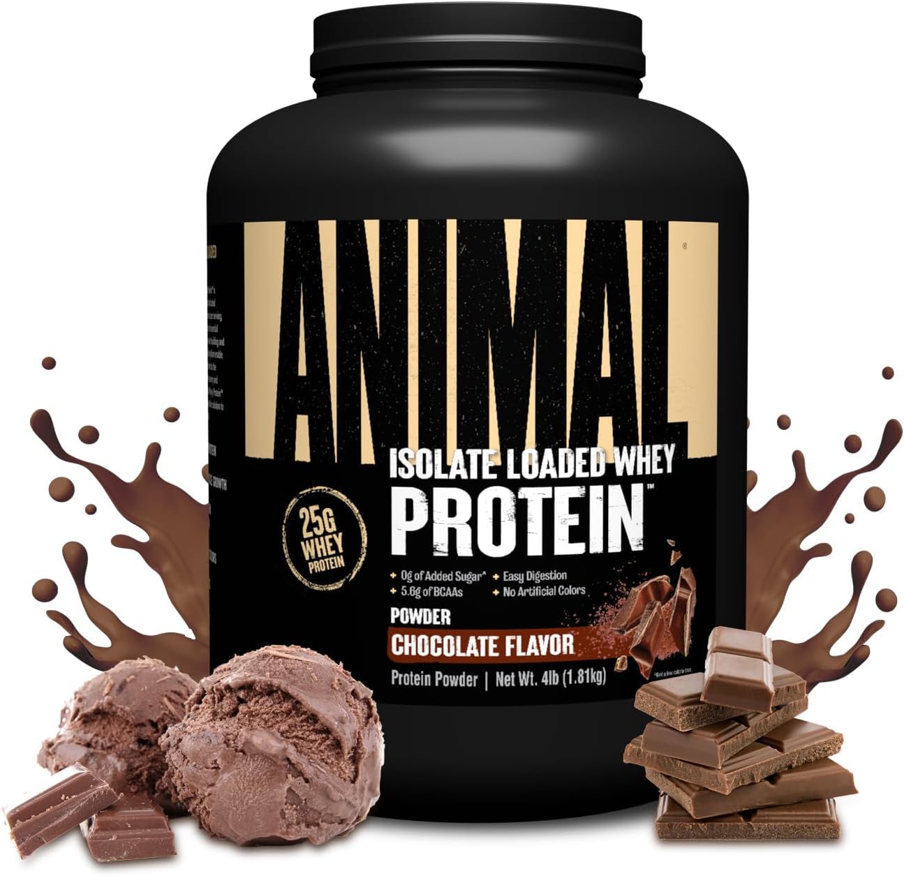 Chocolate Animal Whey Isolate Protein Powder - 25g Protein for Muscle Building & Recovery - Pre & Post Workout Supplement with Digestive Enzymes - Low Sugar Option for Men & Women - 4 lbs