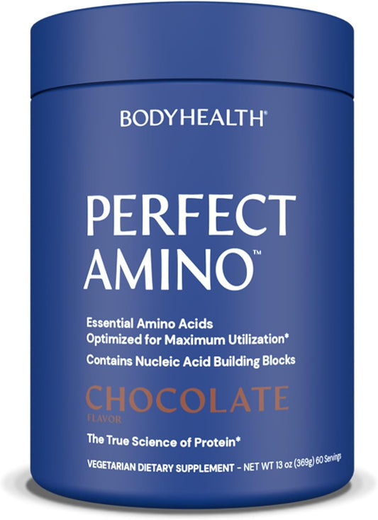Chocolate BodyHealth PerfectAmino Powder - BCAA and EAA Energy Drink for Lean Muscle Recovery - Pre & Post Workout Supplement for Men and Women - 60 Servings