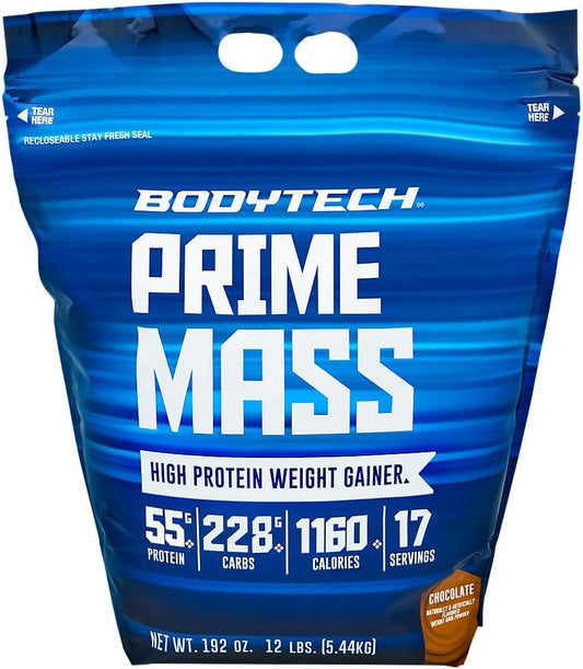 Chocolate BodyTech Prime Mass - 12 lbs, 17 Servings - High Calorie Weight Gainer Supplement