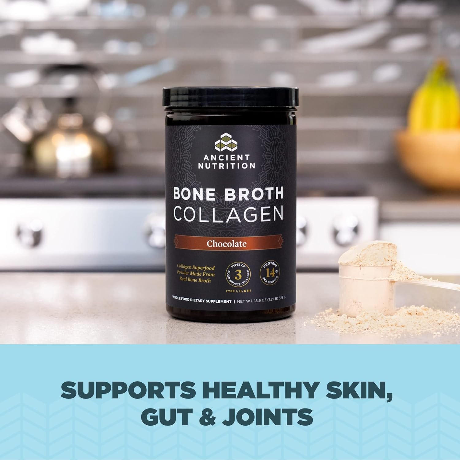 Chocolate Bone Broth Collagen Powder - Hydrolyzed Multi Collagen Peptides for Skin, Nails, and Joints - 30 Servings, 18.6oz
