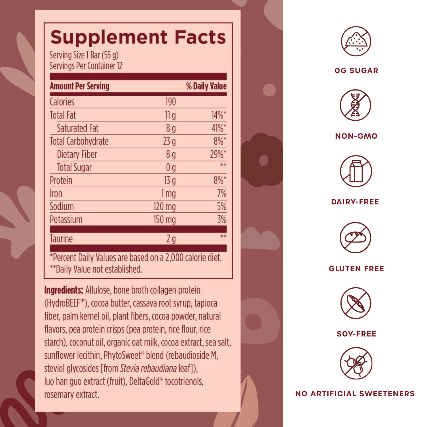Chocolate Bone Broth Protein Bars with 13g Protein, Taurine, and Grass Fed Collagen - Supports Healthy Aging, Skin, and Gut Health - Chocolate Crunch Flavor, 0g Sugar - Pack of 12 Bars