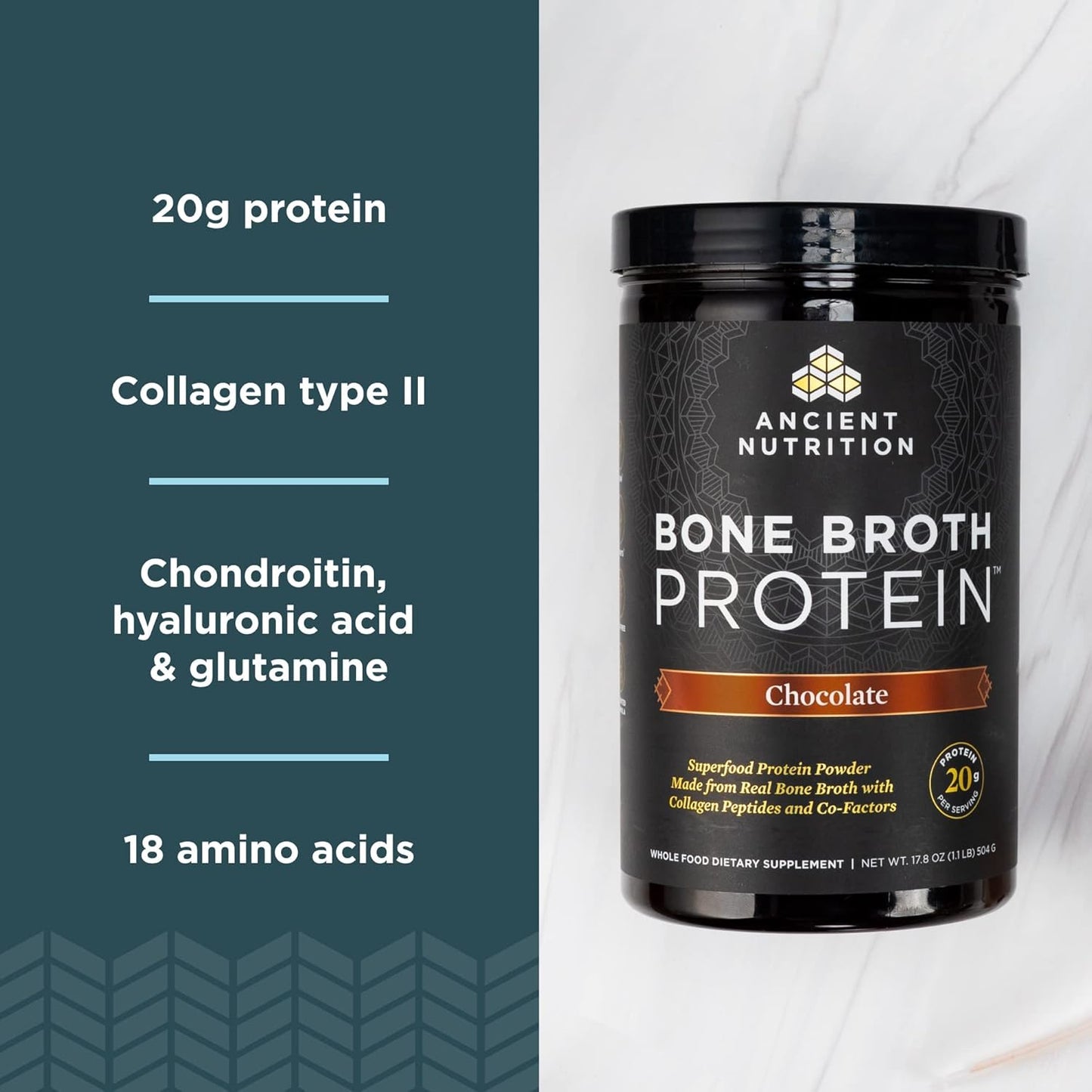 Chocolate Bone Broth Protein Powder - 20g Protein, 20 Servings, Gluten Free, Hydrolyzed Collagen Peptides, Ideal for Protein Shakes