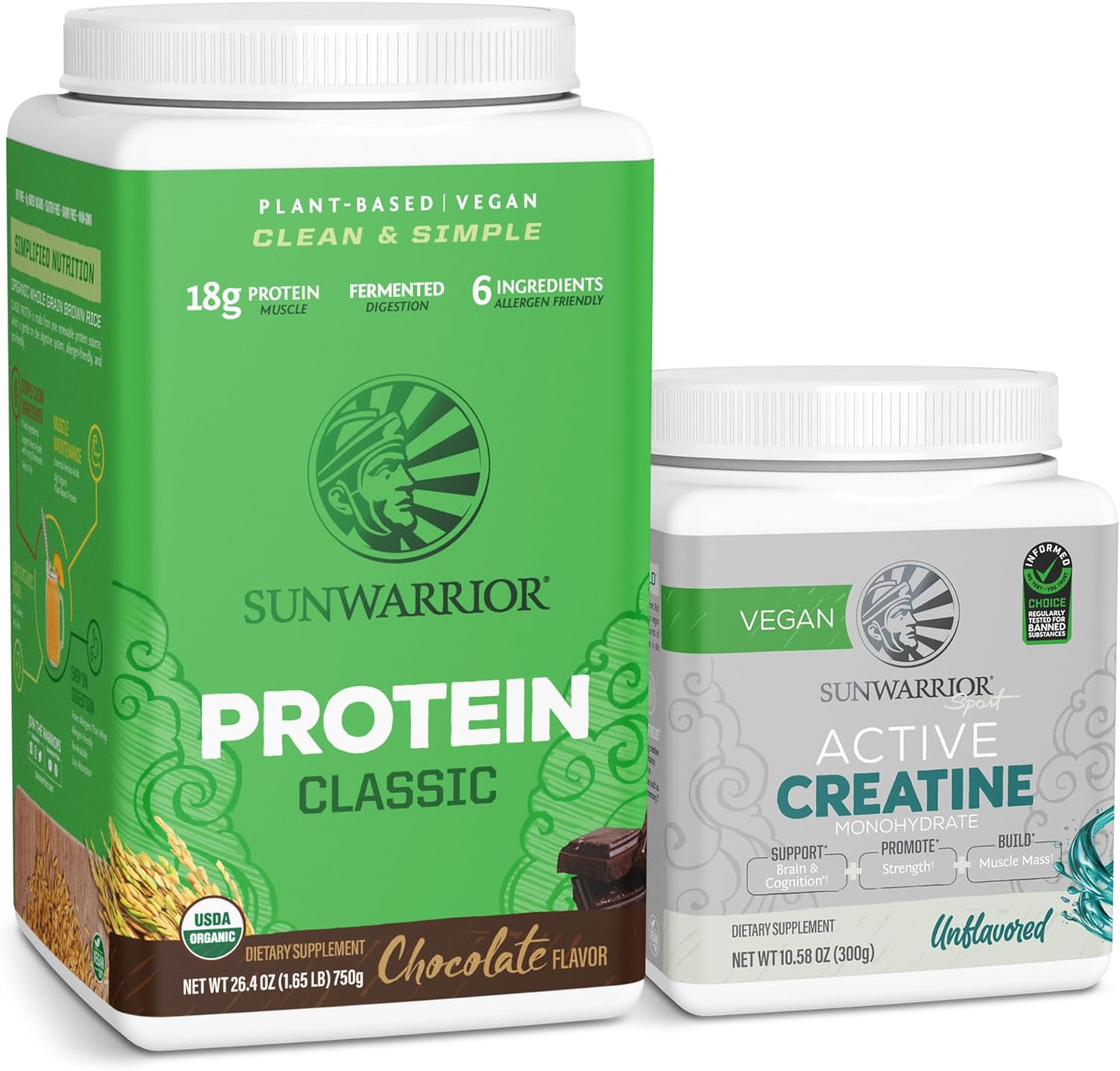 Chocolate Brown Rice Protein Powder & Unflavored Creatine Monohydrate Bundle - Plant-Based with 30 Servings Each