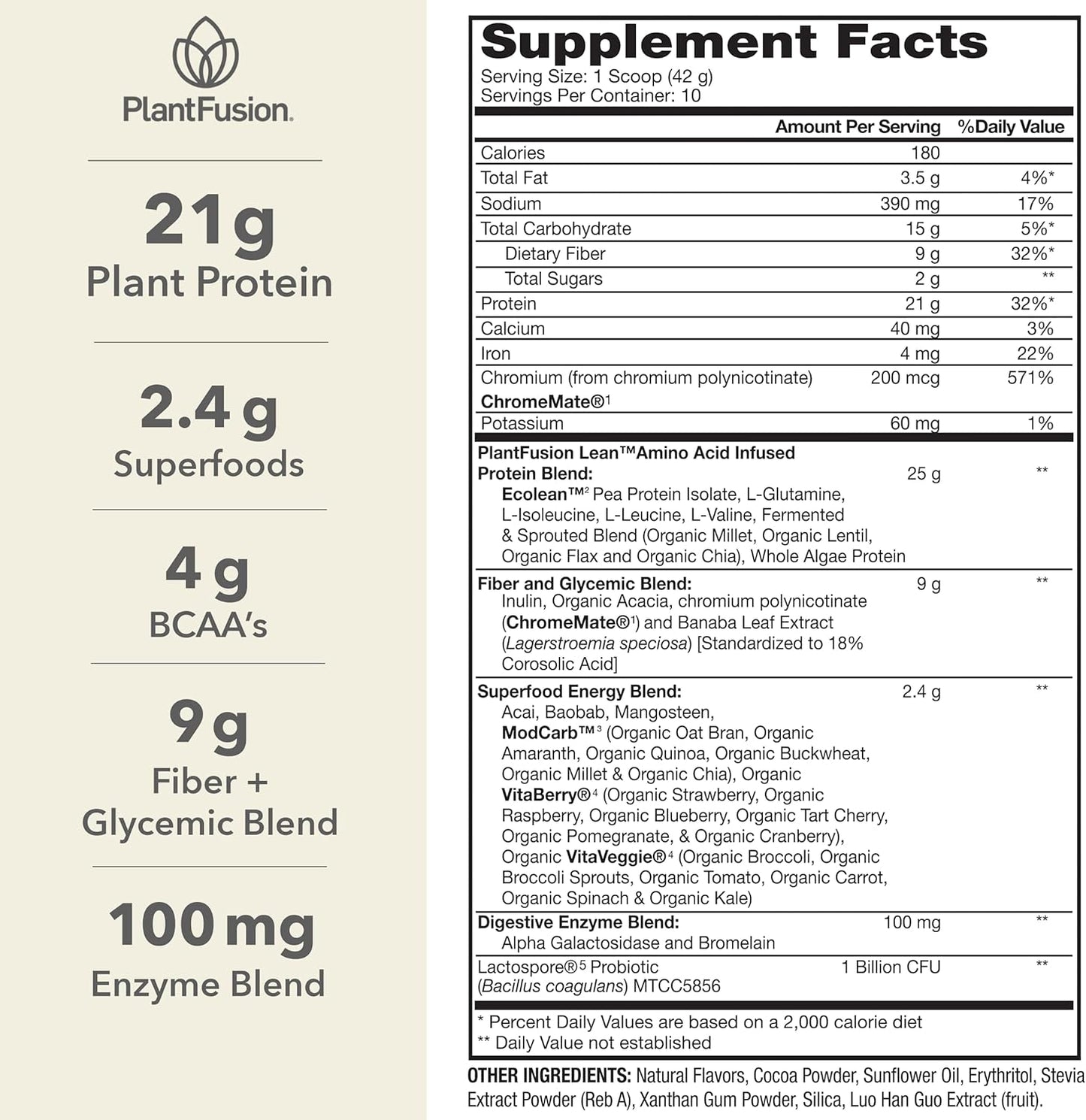 Chocolate Brownie PlantFusion Complete Lean Protein Powder with Prebiotic Fiber & Superfoods - Vegan, Gluten Free, Soy Free - 1 lb