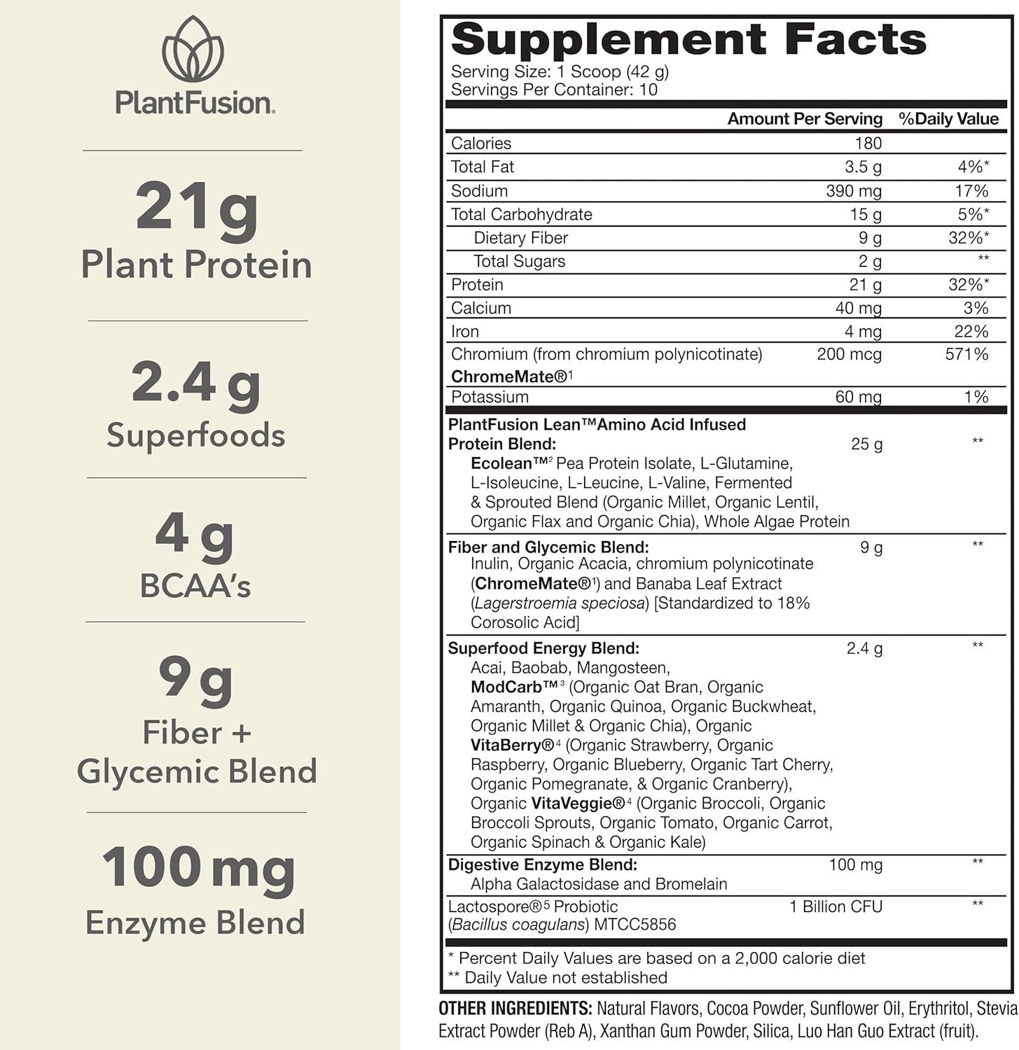 Chocolate Brownie PlantFusion Complete Lean Protein Powder with Prebiotic Fiber & Superfoods - Vegan, Gluten Free, Soy Free - 1 lb