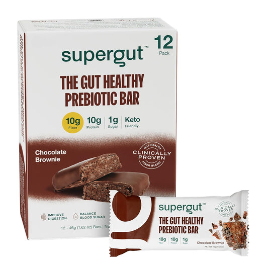Chocolate Brownie Prebiotic Bars with Supergut GLP-1 for Gut Health - Protein-Packed Snacks, Breakfast Bars, and Keto-Friendly Meal Replacement Bars (12 Count)