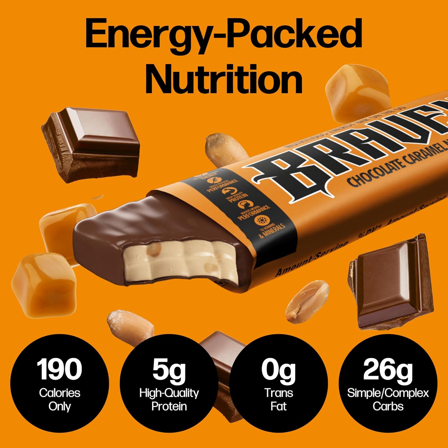 Chocolate Caramel Nut Energy Bars (1.59 oz, Pack of 10) - Protein-Packed Energy Chews for Running, Hiking & Sports - Gluten-Free On-the-Go Snacks for Sustained Energy Boost