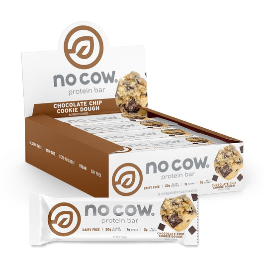 Chocolate Chip Cookie Dough No Cow High Protein Bars - 20g Vegan Protein, High Fiber, Low Sugar, Keto Friendly - Healthy Snacks, Dairy & Gluten Free - 12 Count
