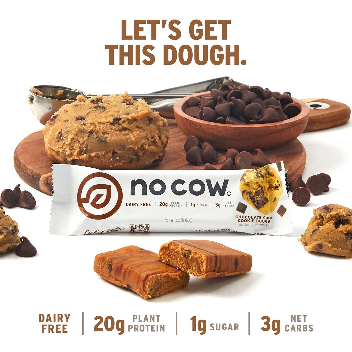 Chocolate Chip Cookie Dough No Cow High Protein Bars - 20g Vegan Protein, High Fiber, Low Sugar, Keto Friendly - Healthy Snacks, Dairy & Gluten Free - 12 Count