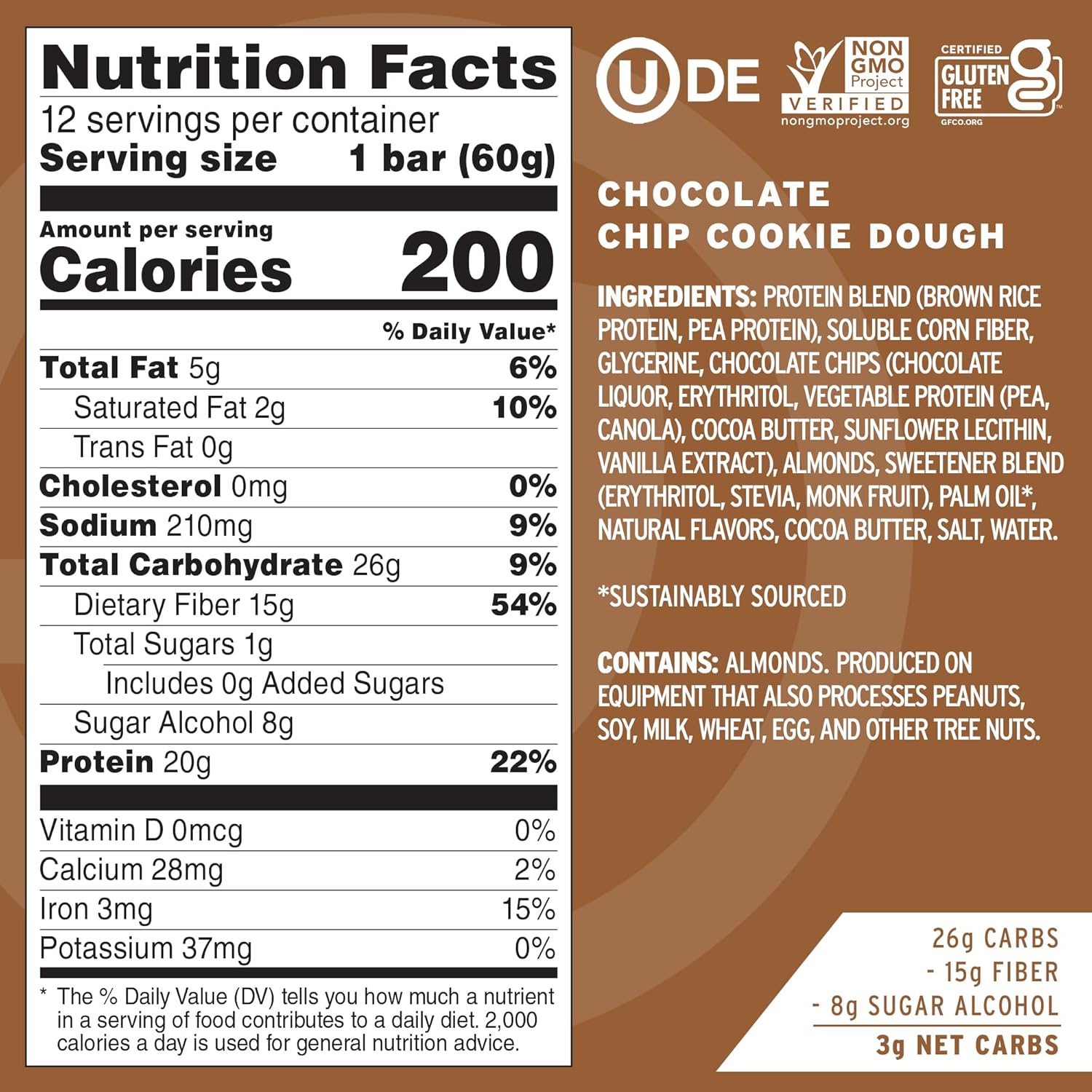 Chocolate Chip Cookie Dough No Cow High Protein Bars - 20g Vegan Protein, High Fiber, Low Sugar, Keto Friendly - Healthy Snacks, Dairy & Gluten Free - 12 Count