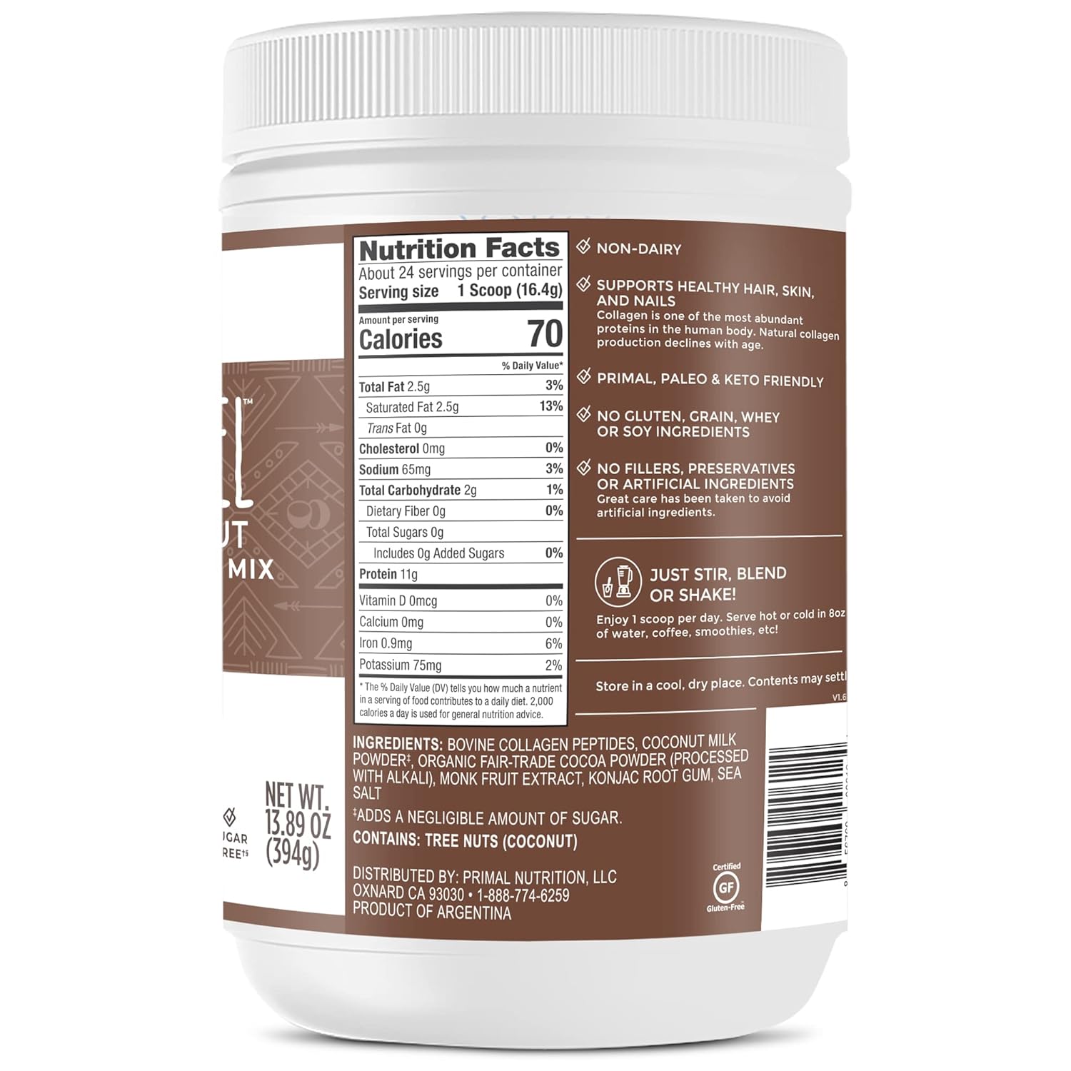 Chocolate Coconut Collagen Fuel Drink Mix - 13.1 oz - No Sugar/Dairy - Primal Kitchen