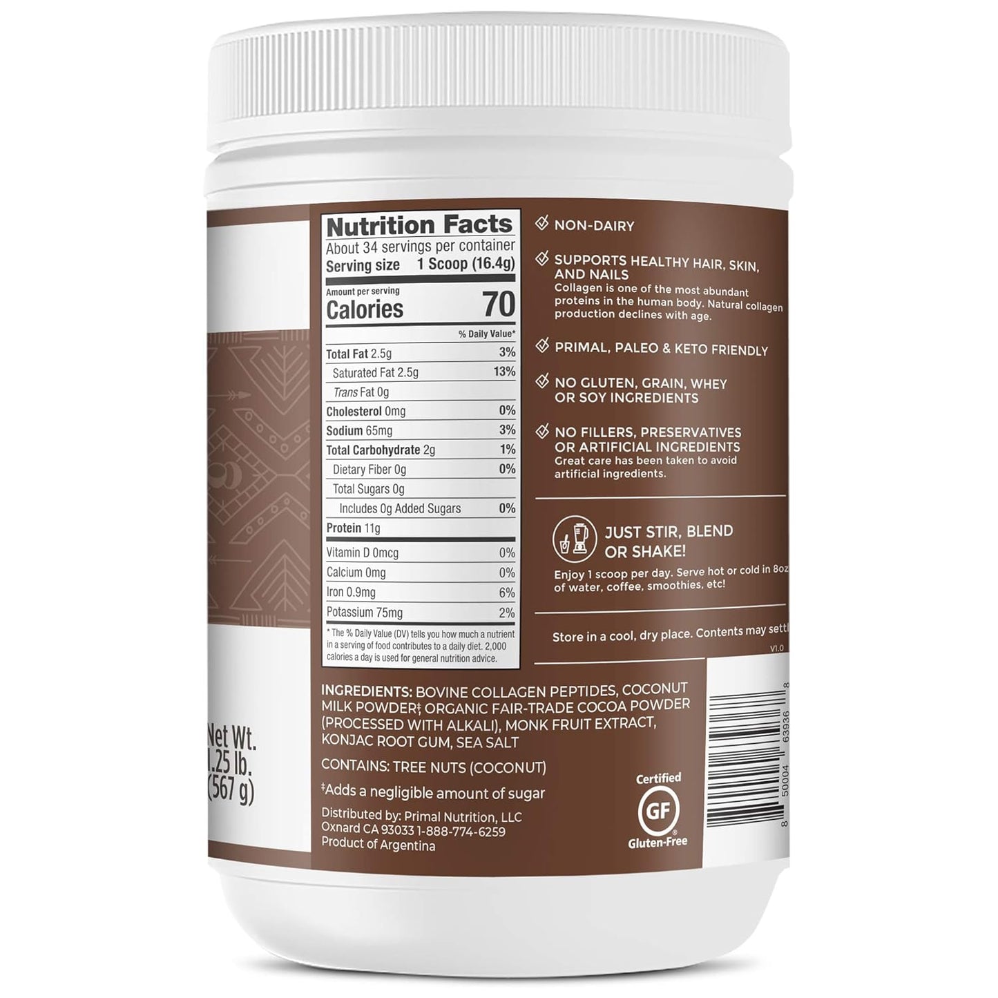 Chocolate Coconut Collagen Fuel Drink Mix - No Sugar or Dairy - 20 Ounces