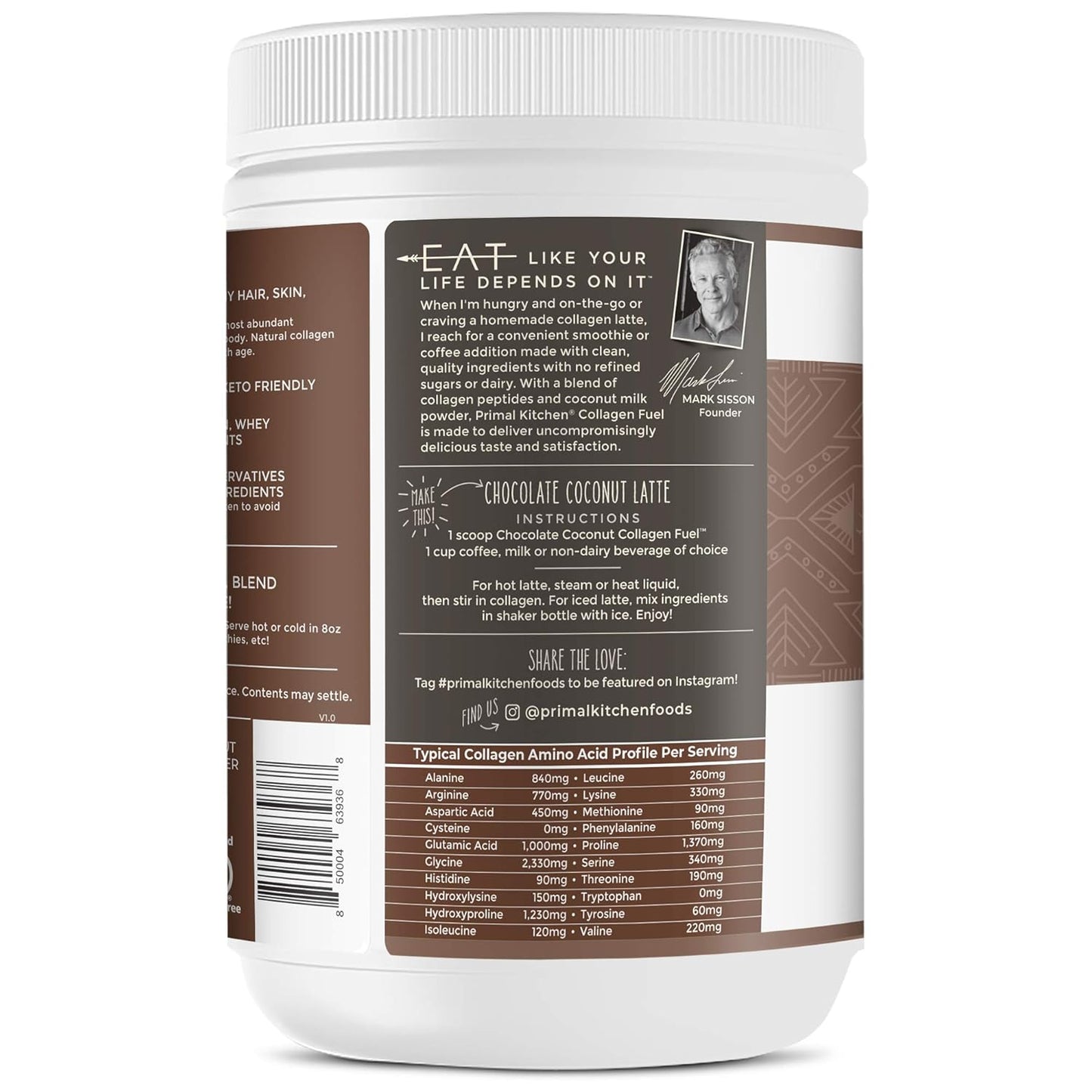 Chocolate Coconut Collagen Fuel Drink Mix - No Sugar or Dairy - 20 Ounces