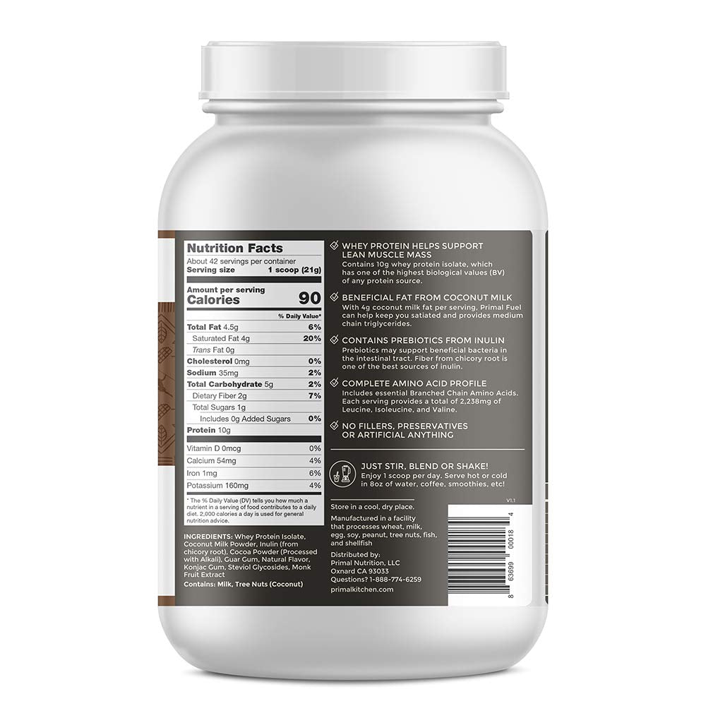 Chocolate Coconut Whey Protein Powder by Primal Kitchen - Gluten and Soy Free - 1.94 lbs