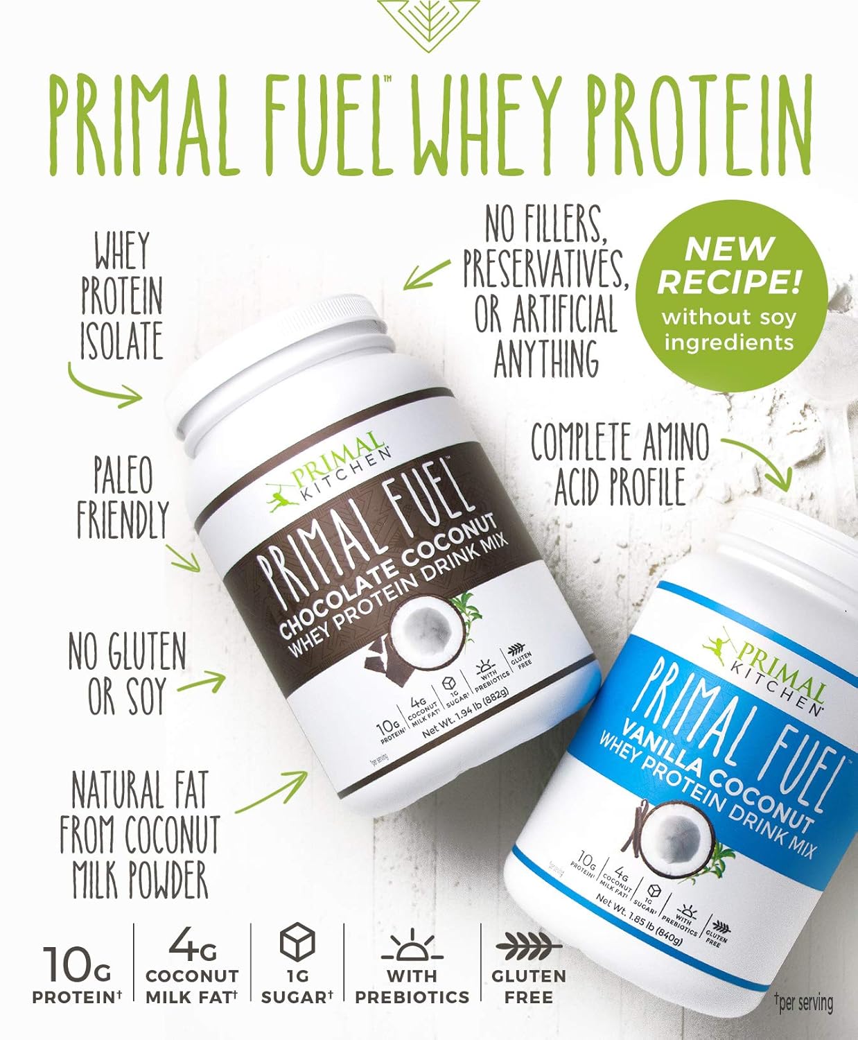 Chocolate Coconut Whey Protein Powder by Primal Kitchen - Gluten and Soy Free - 1.94 lbs