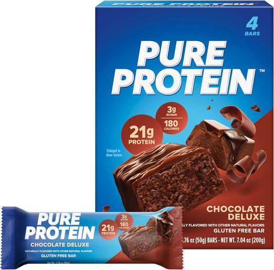 Chocolate Deluxe Pure Protein Bars - High Protein, Nutritious Snacks for Energy Support, Low Sugar, Gluten Free - 1.76 oz, Pack of 4