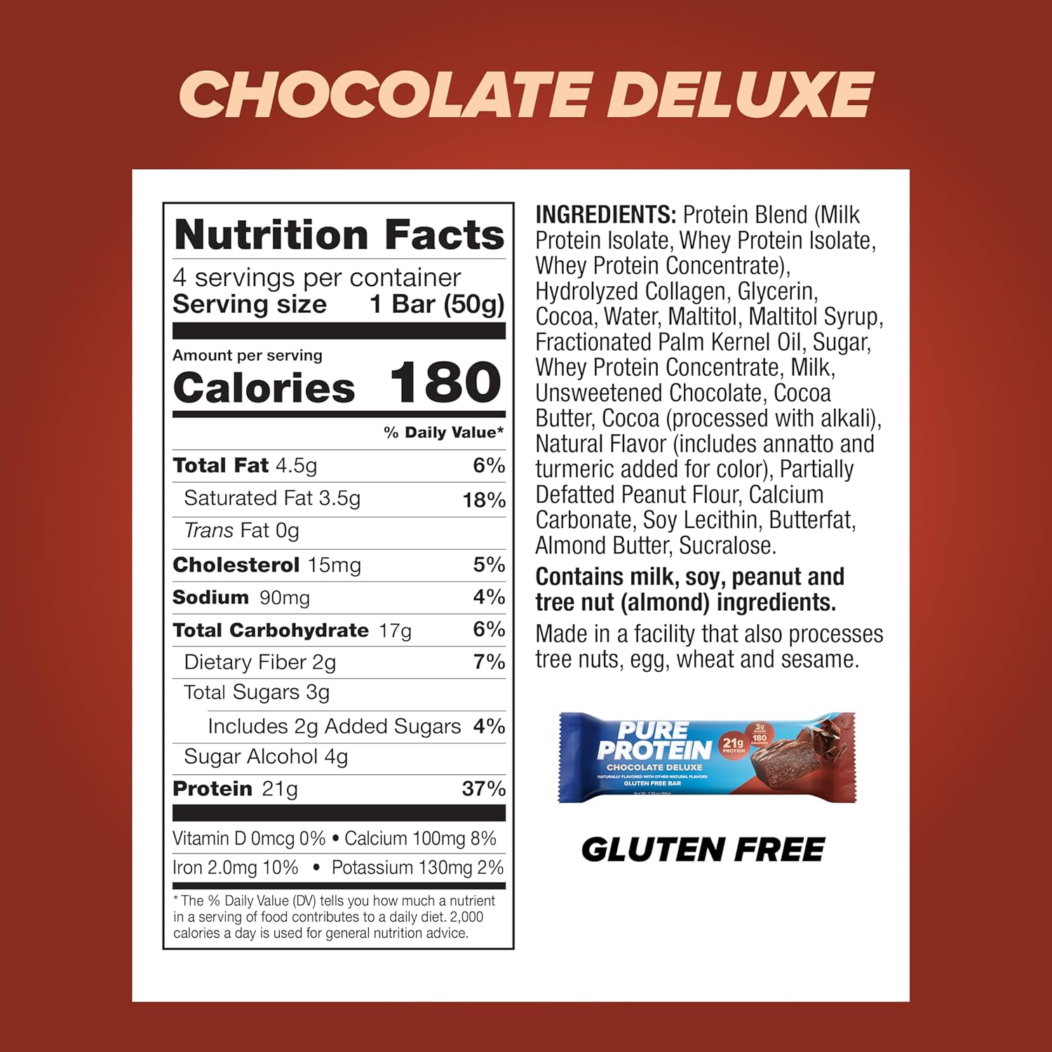 Chocolate Deluxe Pure Protein Bars - High Protein, Nutritious Snacks for Energy Support, Low Sugar, Gluten Free - 1.76 oz, Pack of 4