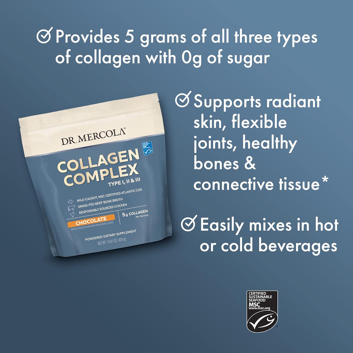 Chocolate Flavored Collagen Complex Powder by Dr. Mercola - 30 Servings, Supports Skin Health, Non-GMO, MSC Certified