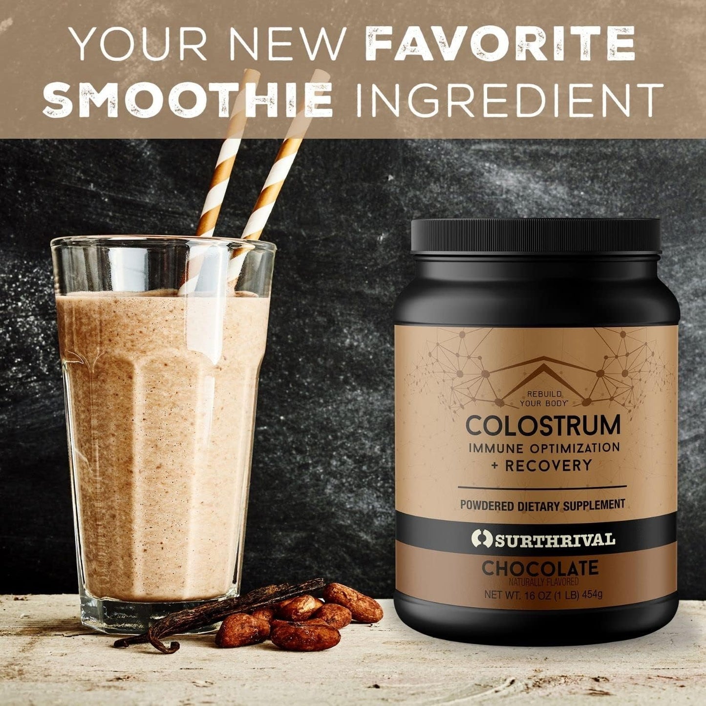 Chocolate Flavored Colostrum Powder - 16oz for Immune Support & Gut Health, Keto-Friendly Dietary Supplement