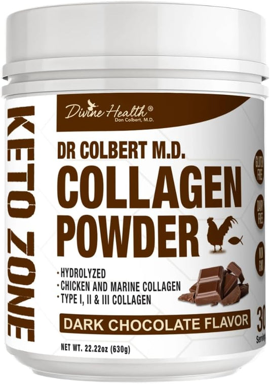 Chocolate Flavored Hydrolyzed Collagen Powder for Hair, Skin, and Nails - Type I, II, III Peptides - Dr. Colbert MD - Keto Zone Diet Approved