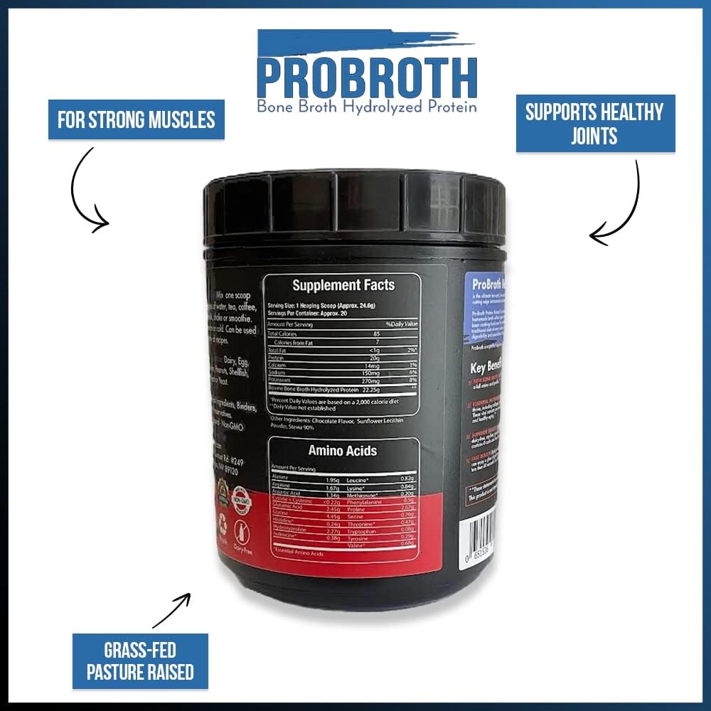 Chocolate Flavored Sugar-Free Bone Broth Hydrolyzed Protein Powder - Great for Men and Women, 20 Servings
