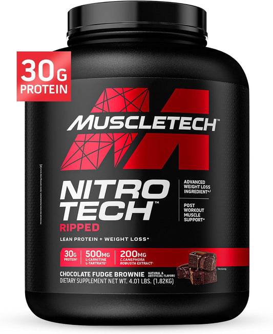 Chocolate Fudge Brownie Muscletech Whey Protein Powder - 4LB Nitro-Tech Ripped Smoothie Mix for Lean Muscle & Fast Recovery - 30g Whey Protein for Women & Men