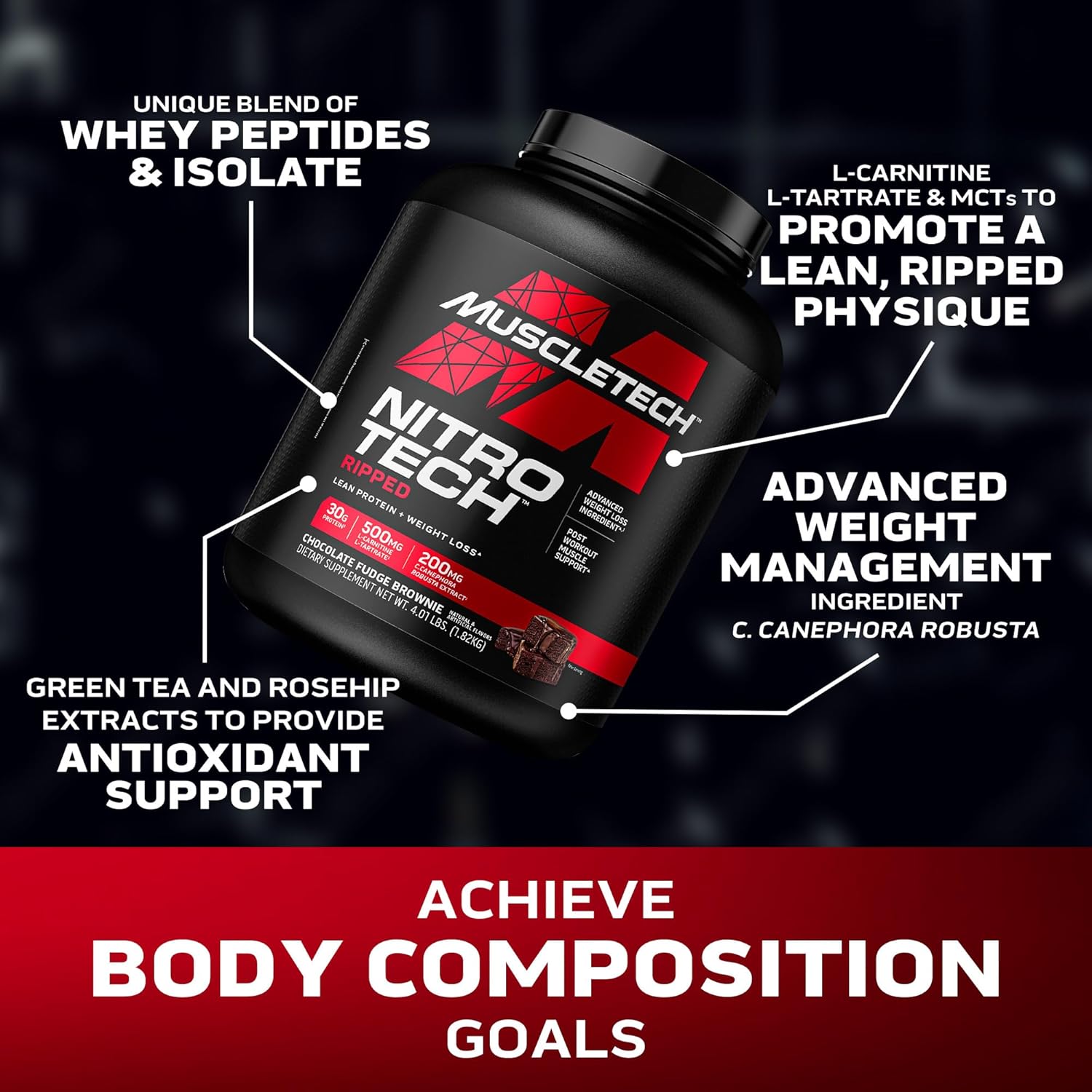 Chocolate Fudge Brownie Muscletech Whey Protein Powder - 4LB Nitro-Tech Ripped Smoothie Mix for Lean Muscle & Fast Recovery - 30g Whey Protein for Women & Men