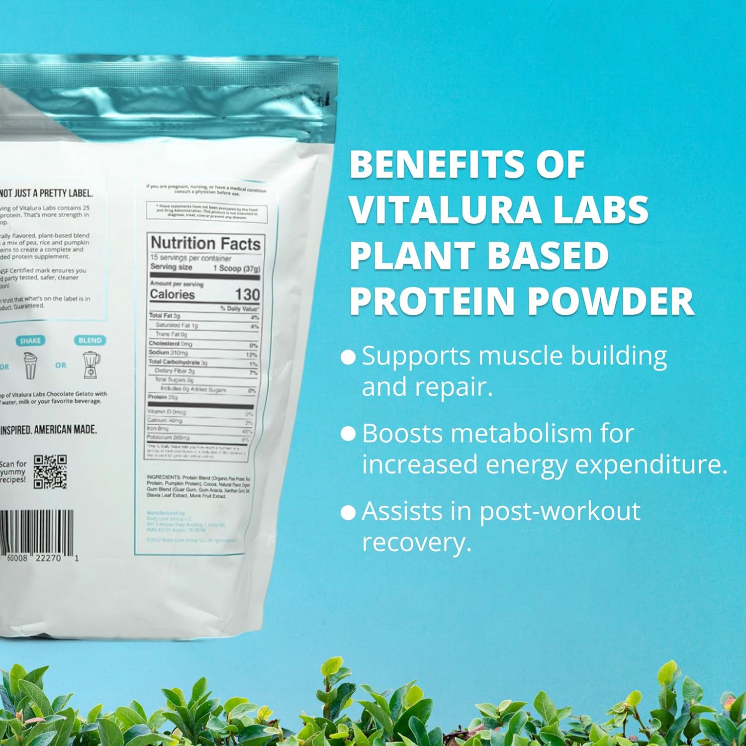 Chocolate Gelato Flavored Plant-Based Protein Powder with 25g of Protein Per Serving - NSF Certified - 30 Servings