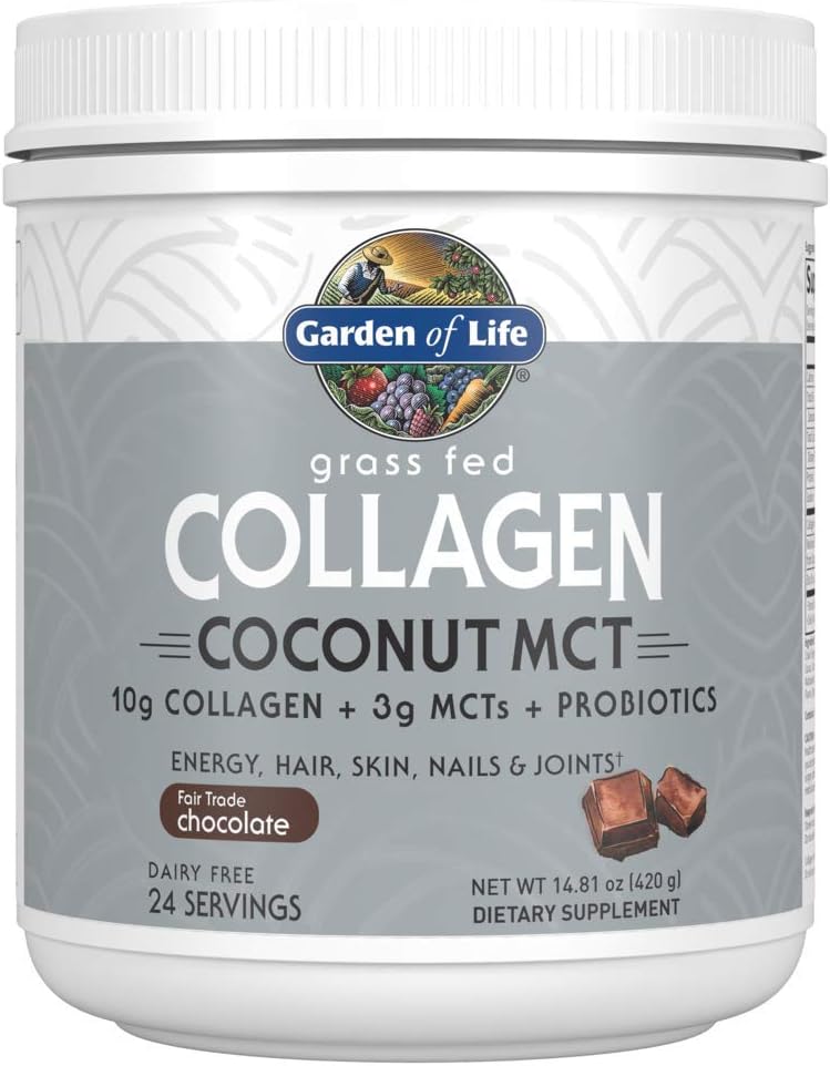 Chocolate Grass Fed Collagen Coconut MCT Powder - 24 Servings for Energy Hair Skin Nails Joints - Probiotics & Collagen Protein Supplement