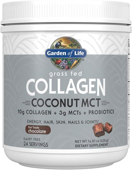 Chocolate Grass Fed Collagen Coconut MCT Powder - 24 Servings for Energy Hair Skin Nails Joints - Probiotics & Collagen Protein Supplement