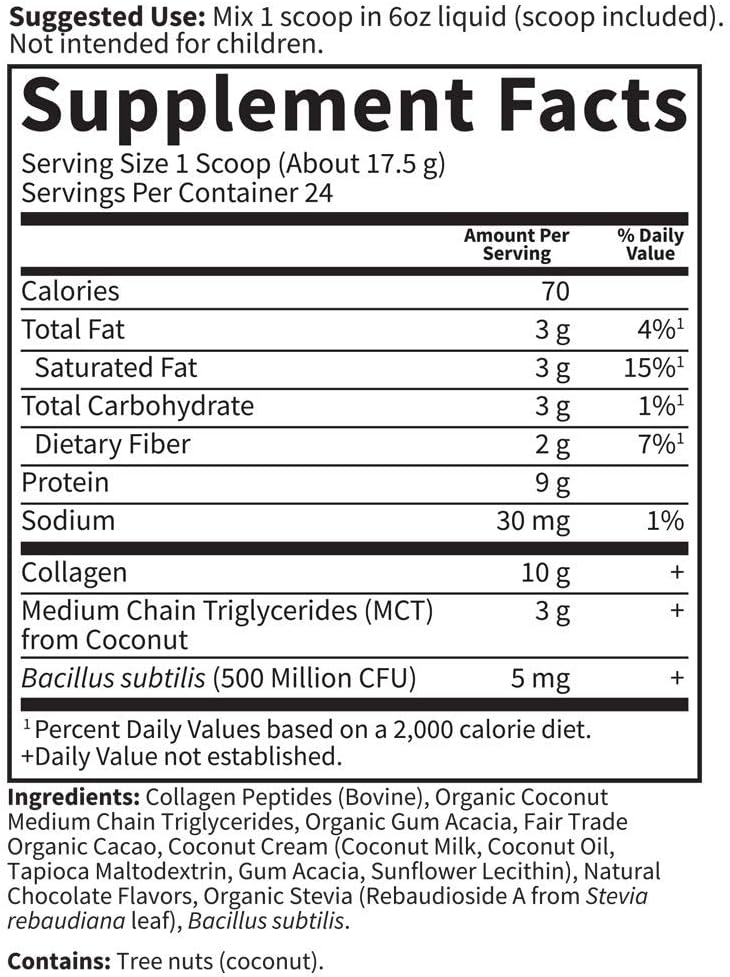 Chocolate Grass Fed Collagen Coconut MCT Powder - 24 Servings for Energy Hair Skin Nails Joints - Probiotics & Collagen Protein Supplement