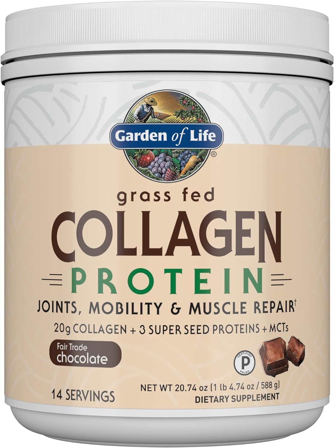 Chocolate Grass-Fed Collagen Protein Powder with Super Seeds and MCTs - 14 Servings for Joints, Mobility, and Muscle Repair - Keto Supplements by Garden of Life