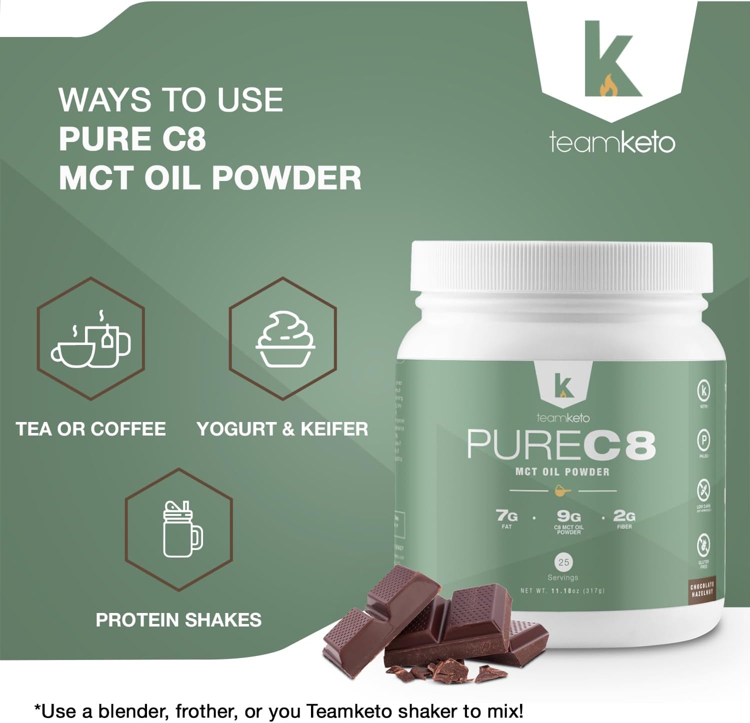 Chocolate Hazelnut TeamKeto C8 MCT Oil Powder - Vegan & Gluten-Free Coffee Creamer - Ideal for Tea, Coffee, and Shakes - 270g