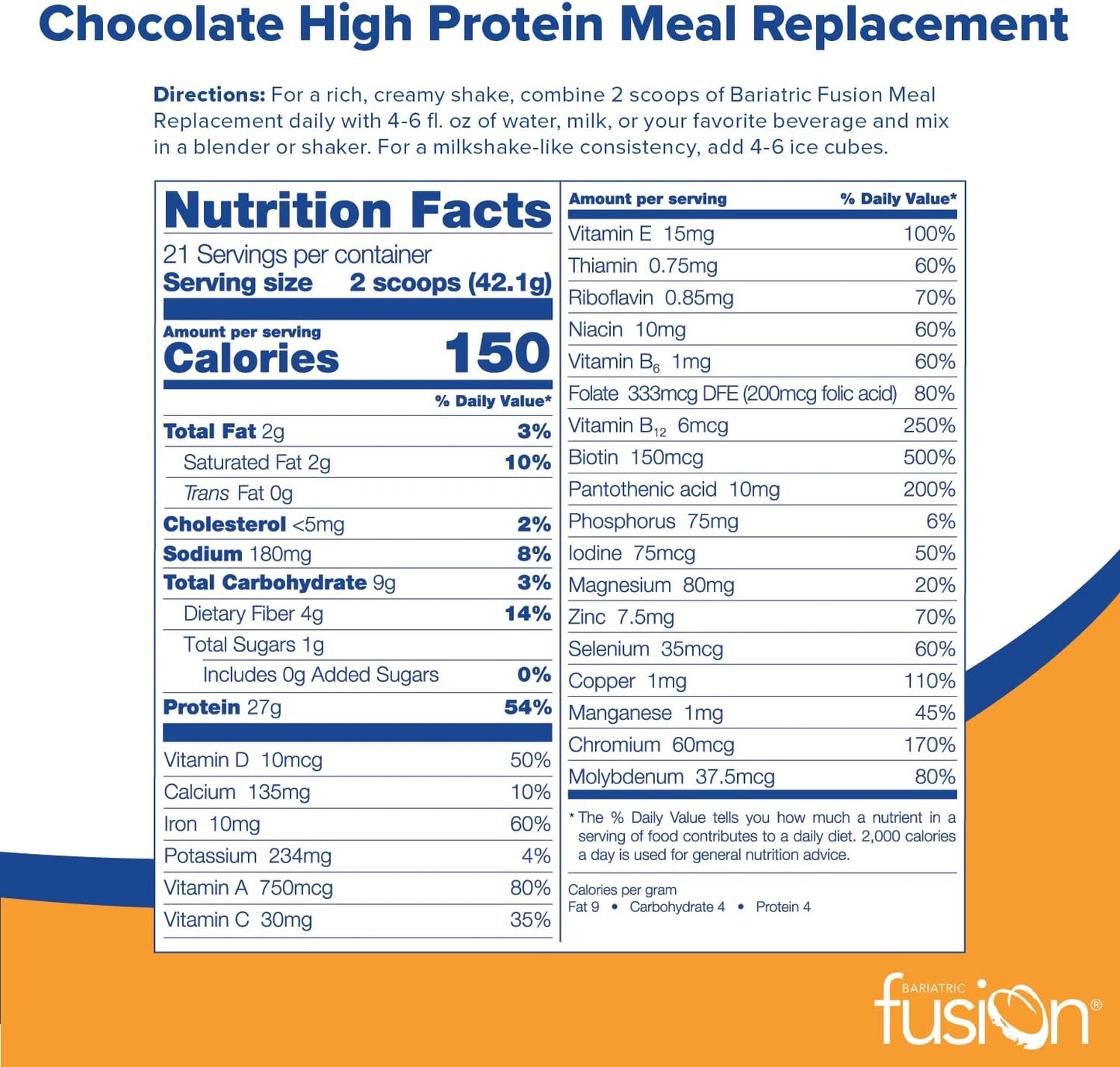 Chocolate High Protein Meal Replacement Shake - 27g Whey Isolate Powder - Lactose Free - Gluten & Sugar Free - 21 Servings