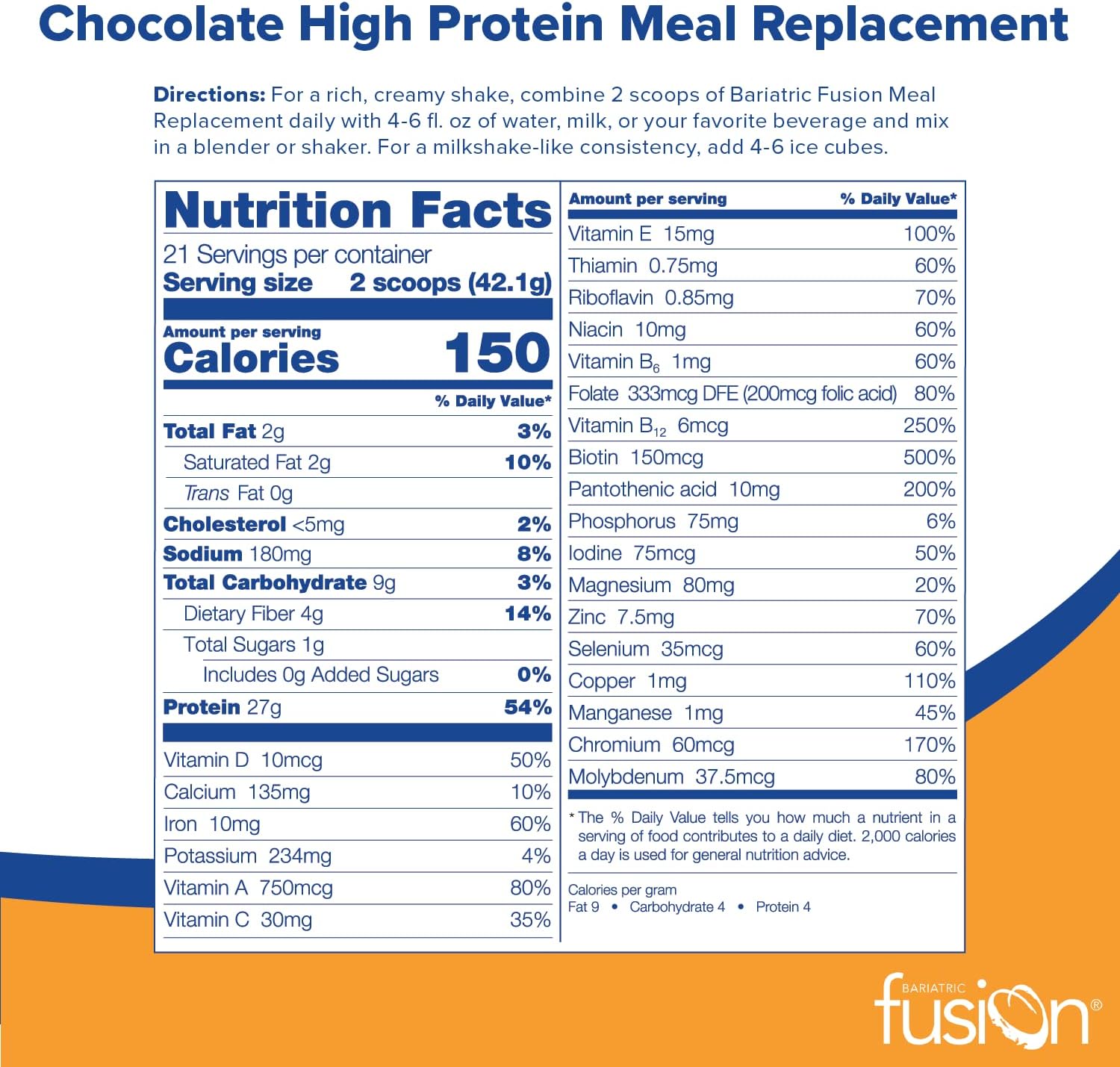 Chocolate High Protein Meal Replacement Shake - 27g Whey Isolate Powder - Lactose Free - Gluten & Sugar Free - 21 Servings