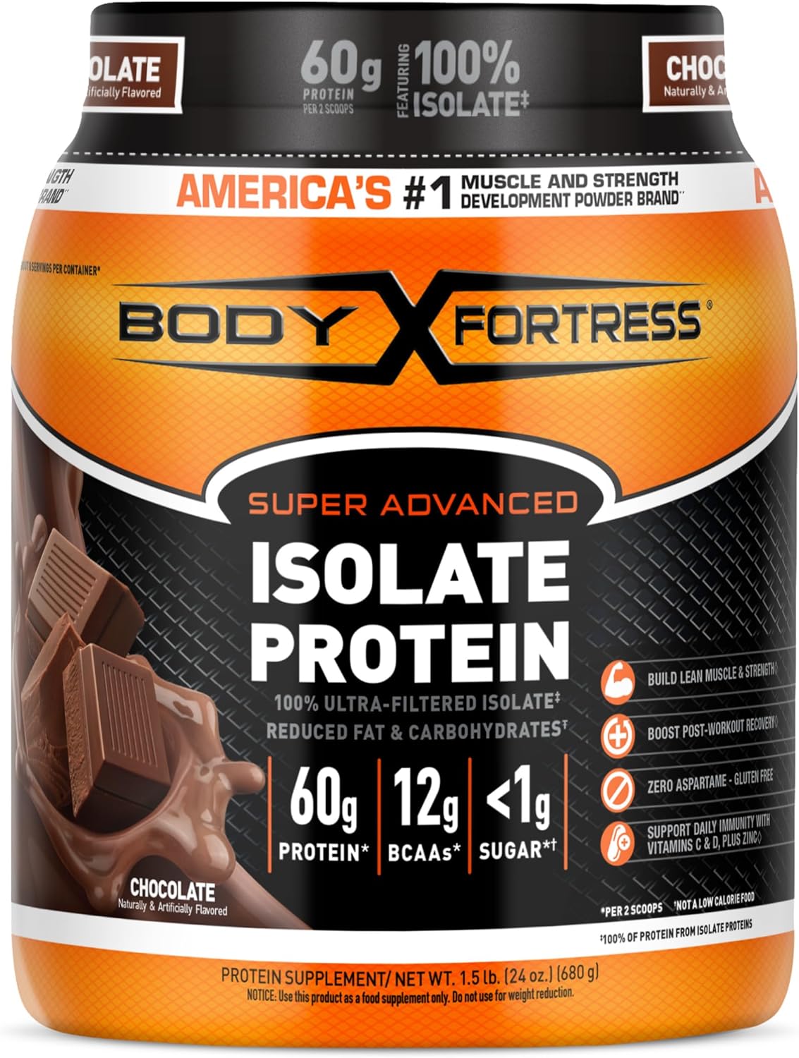Chocolate Isolate Protein Powder - Body Fortress Super Advanced, 1.5lbs, Gluten-Free