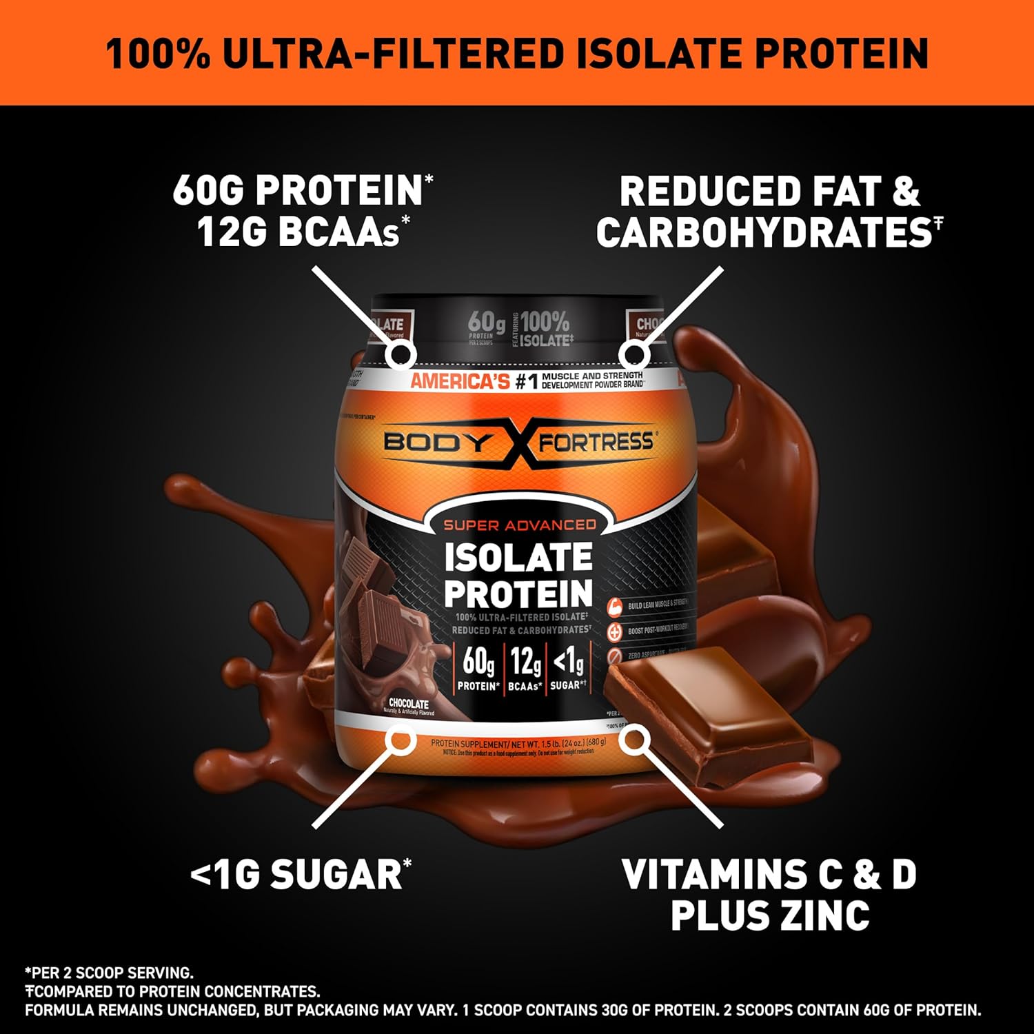 Chocolate Isolate Protein Powder - Body Fortress Super Advanced, 1.5lbs, Gluten-Free