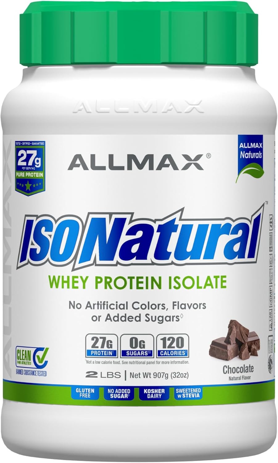Chocolate ISONATURAL Whey Protein Isolate - 2 lb - 27g Protein Per Scoop - Zero Fat & Sugar - 99% Lactose Free - with Prebiotics - No Artificial Flavors - 29 Servings