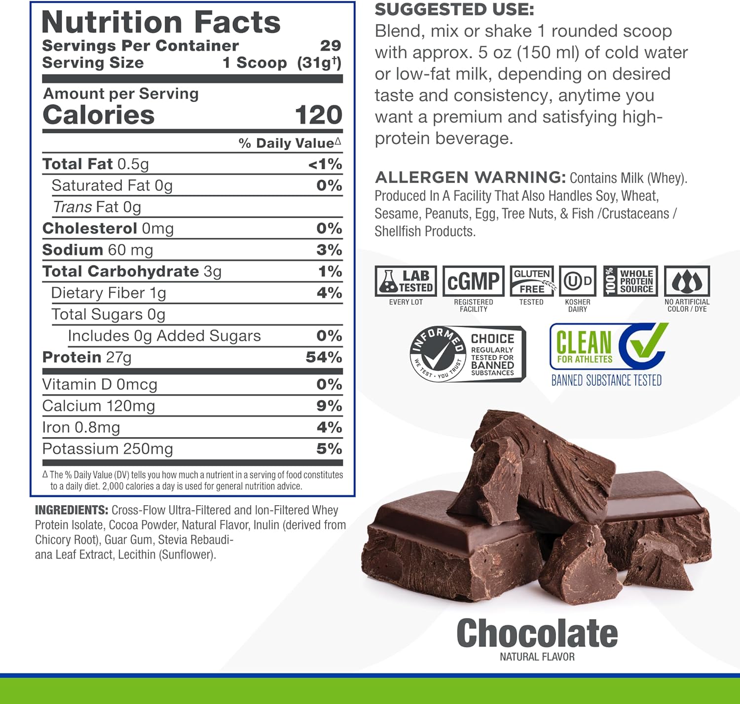 Chocolate ISONATURAL Whey Protein Isolate - 2 lb - 27g Protein Per Scoop - Zero Fat & Sugar - 99% Lactose Free - with Prebiotics - No Artificial Flavors - 29 Servings