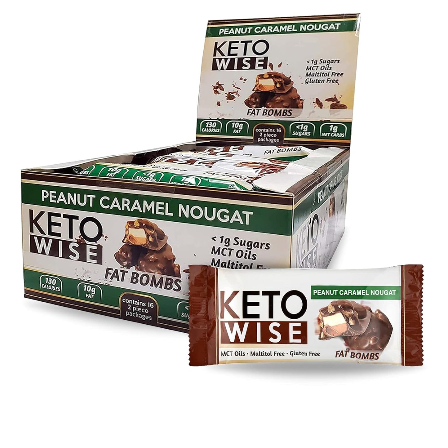 Chocolate MCT Oil Fat Bombs - Keto Friendly Low Carb Snack - Peanut Caramel Nougat, 16 Pack
