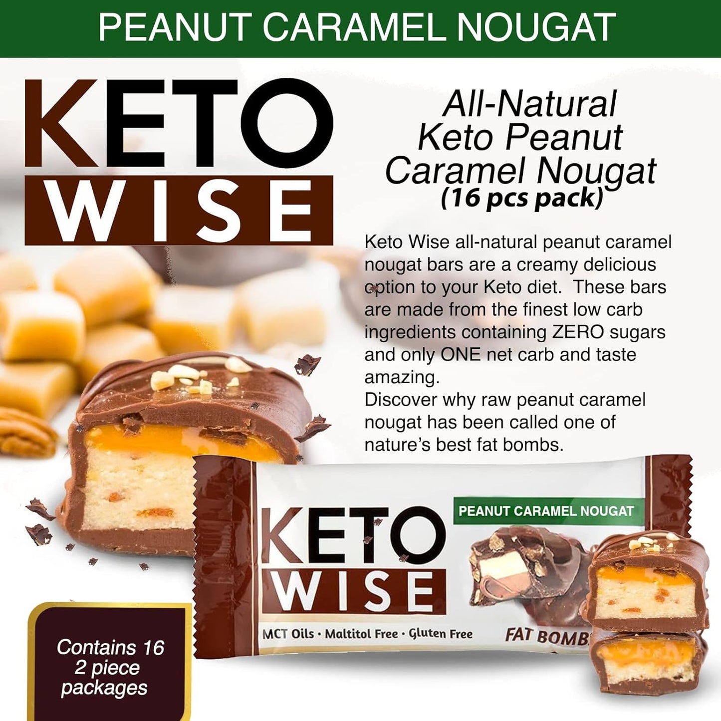 Chocolate MCT Oil Fat Bombs - Keto Friendly Low Carb Snack - Peanut Caramel Nougat, 16 Pack