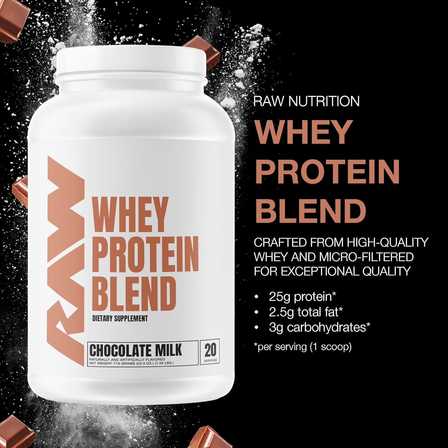 Chocolate Milk RAW Whey Protein Powder Blend - Grass-Fed Isolate for Muscle Growth & Recovery - Pre & Post Workout Nutrition (20 Servings)