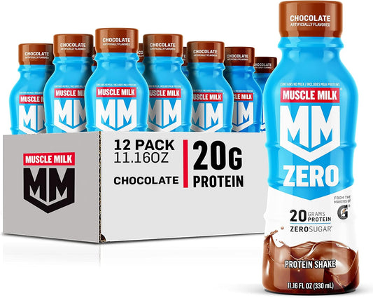 Chocolate Muscle Milk Zero Protein Shake - 20g Protein, Zero Sugar, 100 Calories, Vitamins A, C & D, 4g Fiber - Energizing Snack for Workout Recovery - 11.16 Fl Oz, Pack of 12