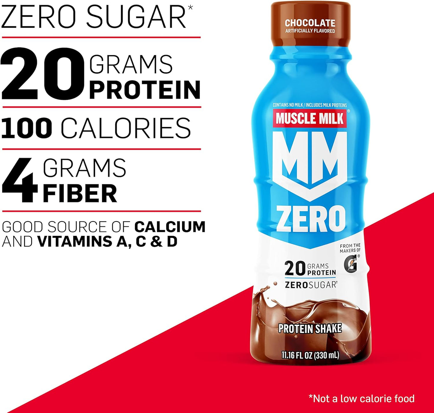 Chocolate Muscle Milk Zero Protein Shake - 20g Protein, Zero Sugar, 100 Calories, Vitamins A, C & D, 4g Fiber - Energizing Snack for Workout Recovery - 11.16 Fl Oz, Pack of 12