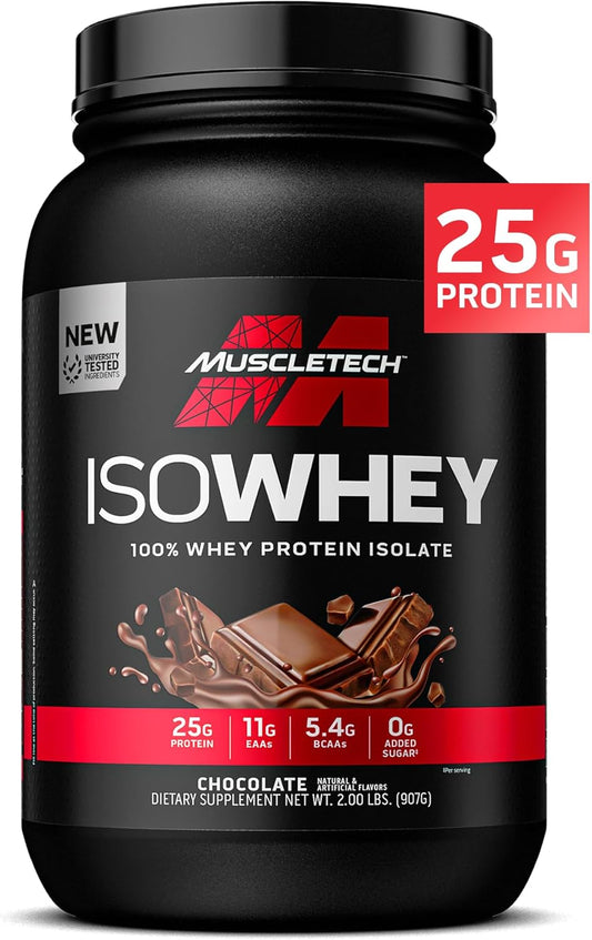 Chocolate MuscleTech ISO Whey Isolate Protein Powder - Post Workout Supplement for Lean Muscle Gain & Recovery - 25g Protein, BCAA, EAA - 2lbs