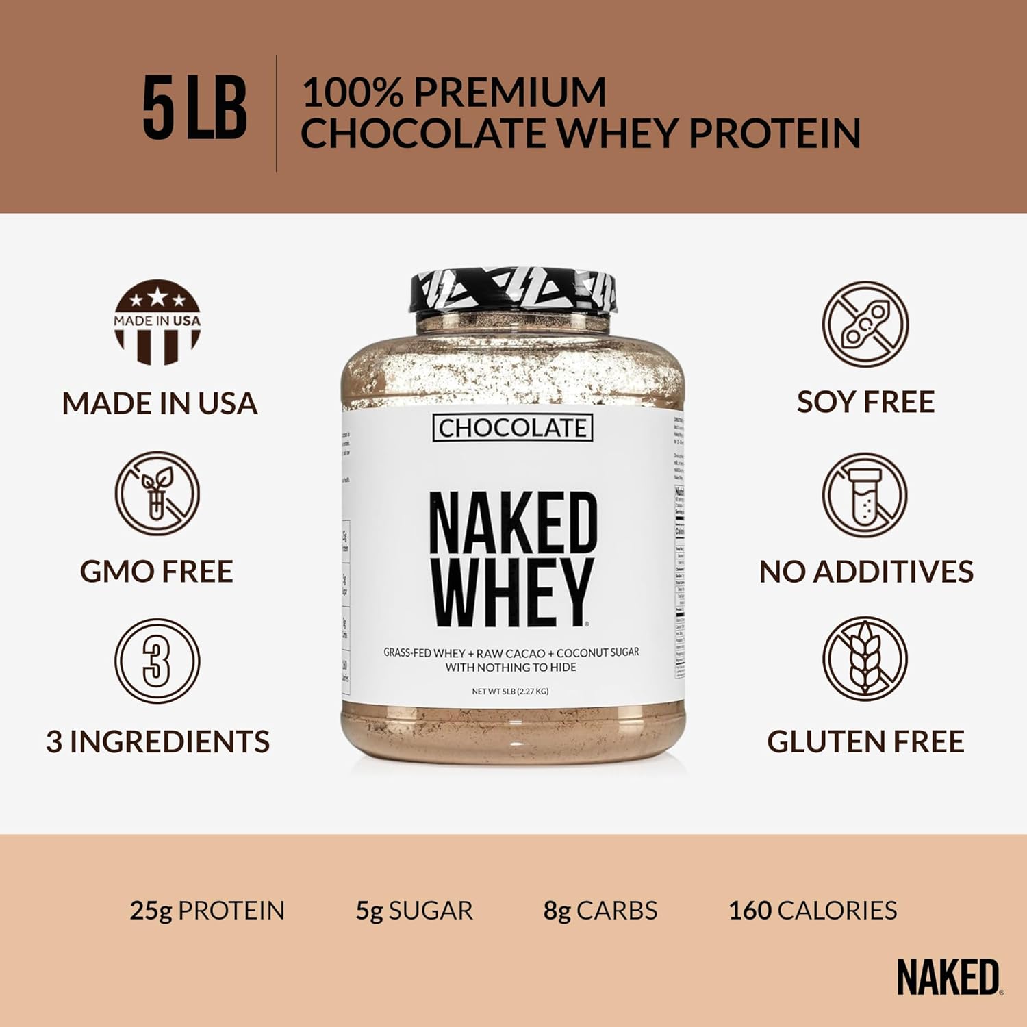 Chocolate Naked Whey Protein Powder - 5 lb, 60 Servings for Muscle Growth & Recovery - Non-GMO, Soy-Free, Gluten-Free