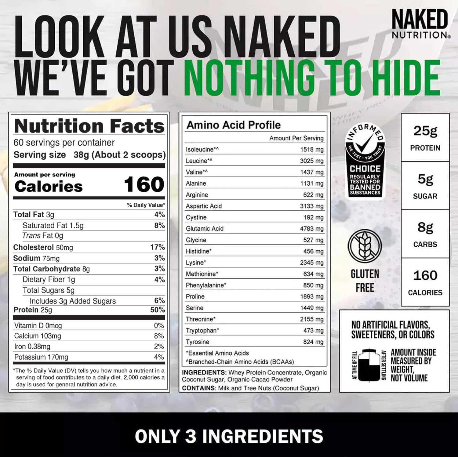 Chocolate Naked Whey Protein Powder - 5 lb, 60 Servings for Muscle Growth & Recovery - Non-GMO, Soy-Free, Gluten-Free