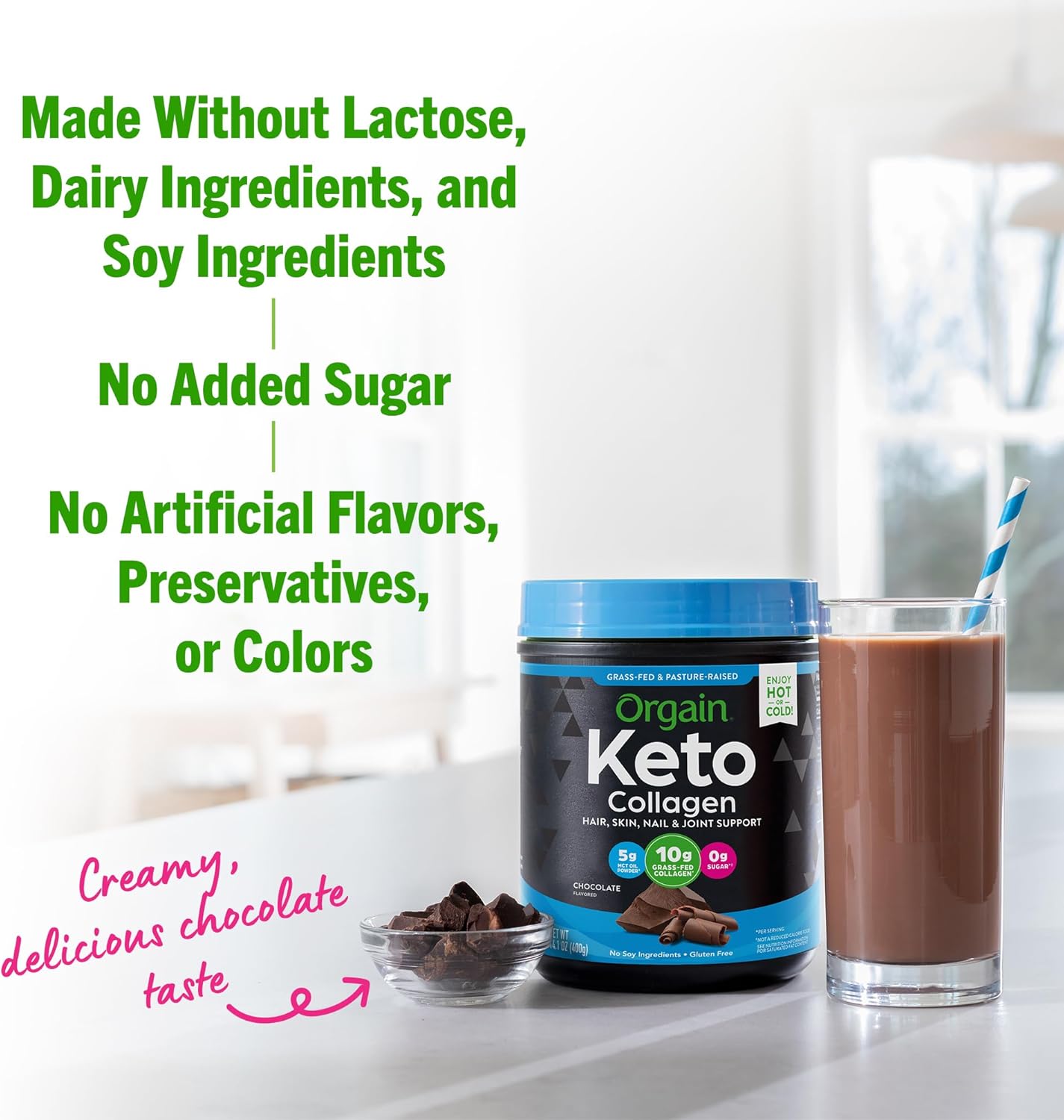 Chocolate Orgain Keto Collagen Protein Powder - Grass Fed Hydrolyzed Peptides, 5g MCT Oil for Joint & Skin Support - Non-GMO, Gluten Free - 0.88lb